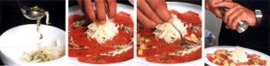 Карпаччо из мяса страуса с салатом из сельдерея и блажаном